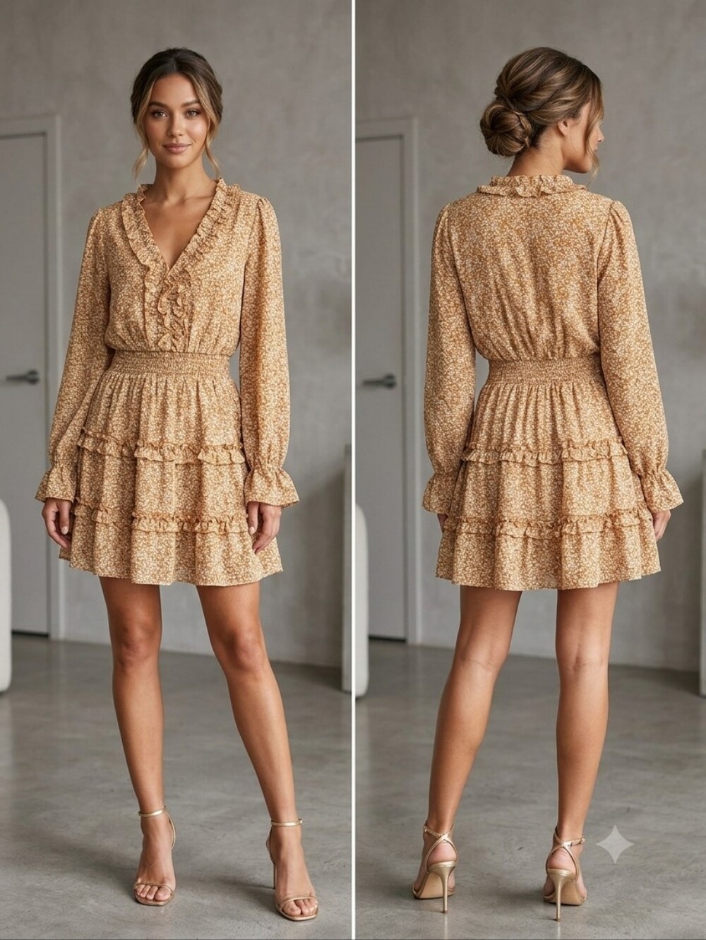 Love‎ Riche Floral Ruffle Tiered Mini Dress in Camel